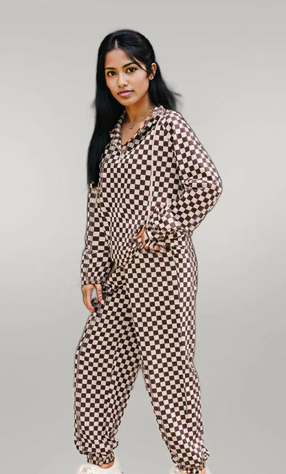 Checkered Drawstring Hoodie and Pants Set Plaid