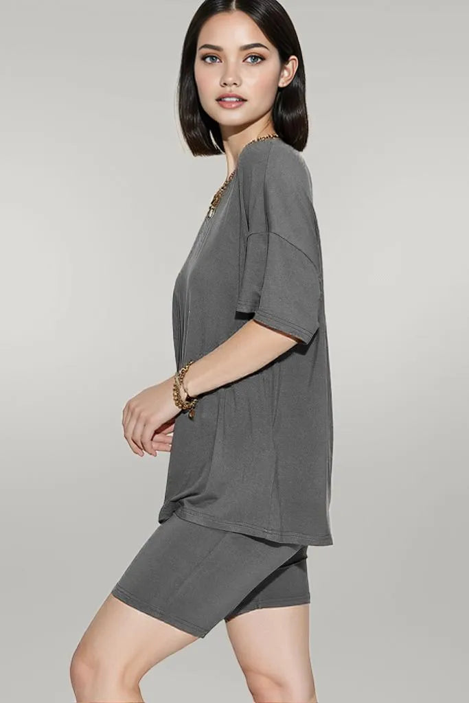 Basic Bae Full Size V-Neck Drop Shoulder T-Shirt and Shorts Set Dark Gray