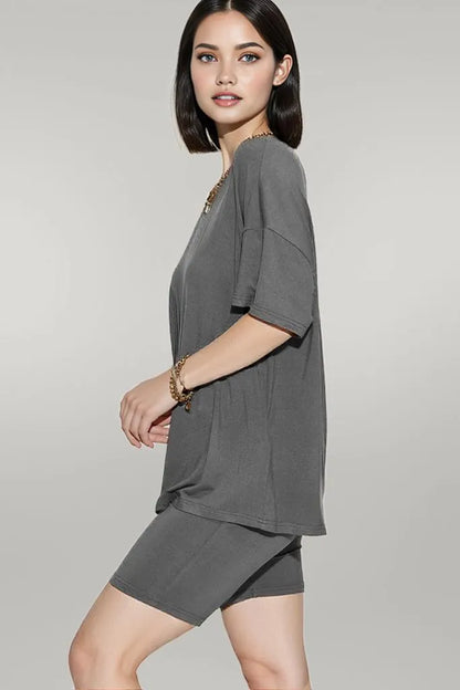 Basic Bae Full Size V-Neck Drop Shoulder T-Shirt and Shorts Set Dark Gray
