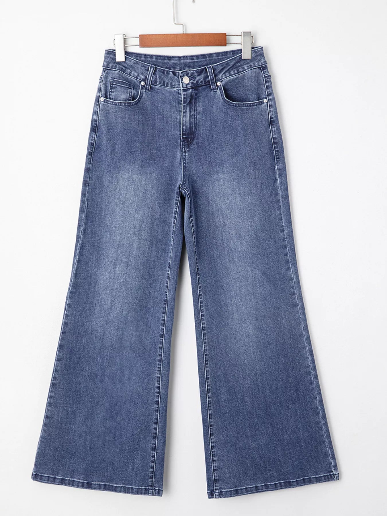 High Waist Button Zip Flare Leg Jeans Navy
