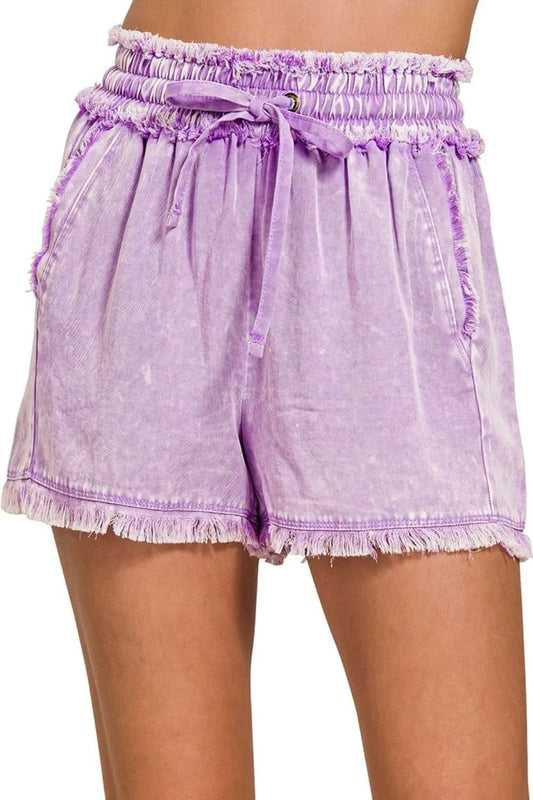Zenana Mineral Frayed Hem Washed Shorts B LAVENDER