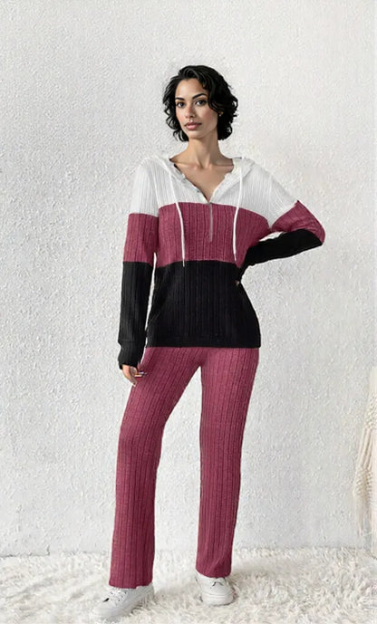 Color Block Half Zip Hooded Top and Pants Set Hot Pink