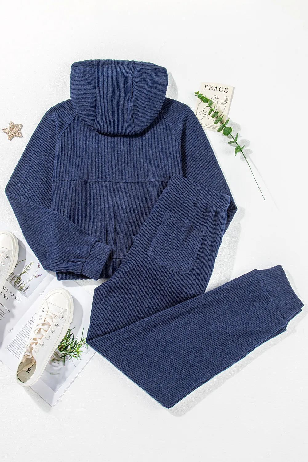 Drawstring Half Zip Hoodie and Joggers Active Set Navy