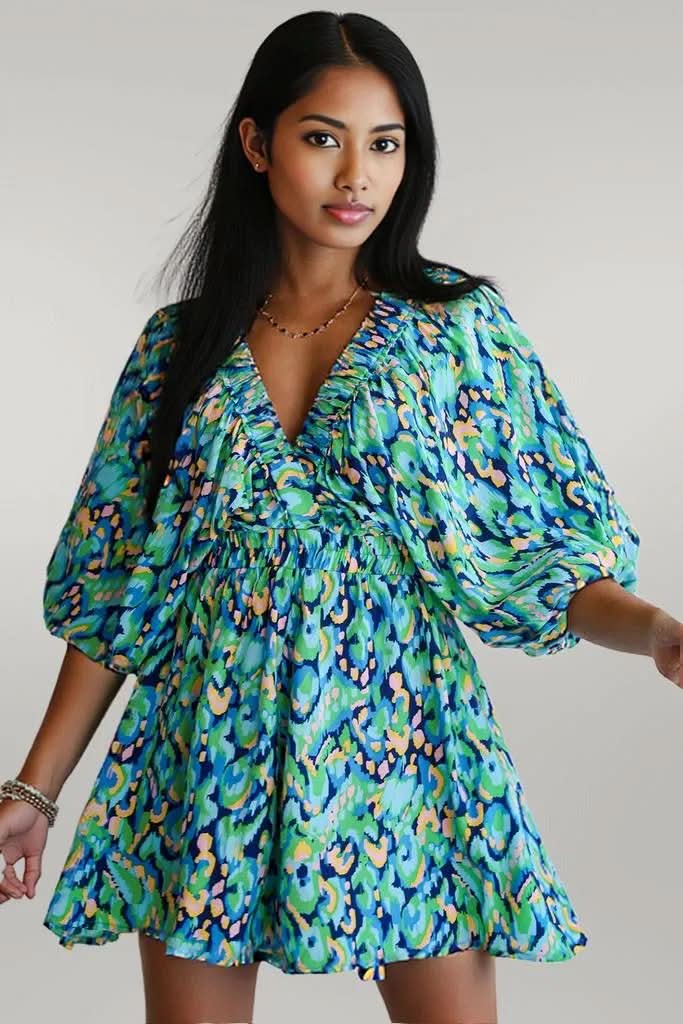 Pink Abstract Print Puff Sleeve V Neck High Waist Romper Green 100%Polyester