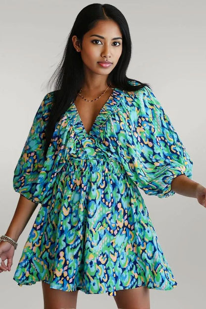 Pink Abstract Print Puff Sleeve V Neck High Waist Romper Green 100%Polyester
