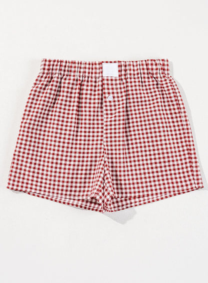 Red Plaid Gingham Printed High Waist Shorts Red Stripe 100%Polyester