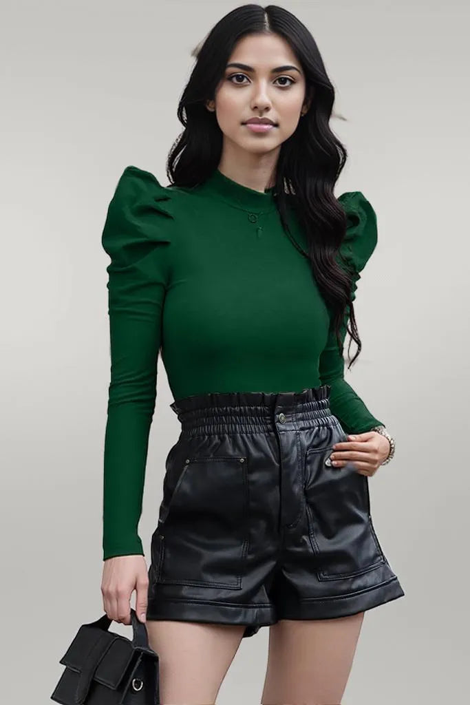 Mock Neck Puff Sleeve Bodysuit Dark Green