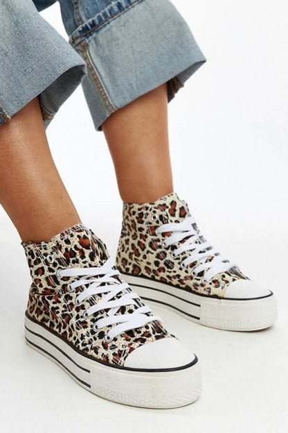Orange High-top sneakers in leopard print with a thick sole sneakers ~
