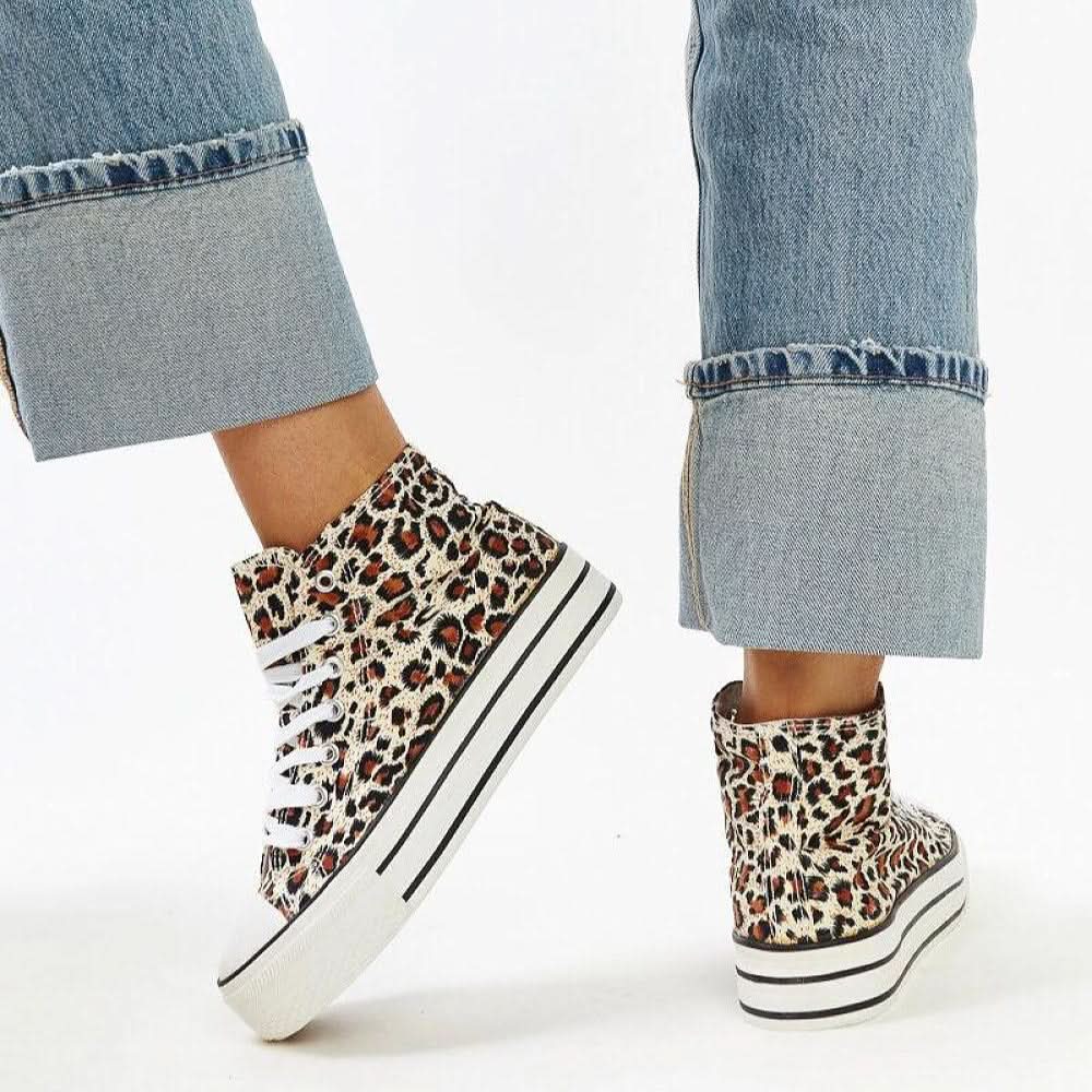 Orange High-top sneakers in leopard print with a thick sole sneakers ~