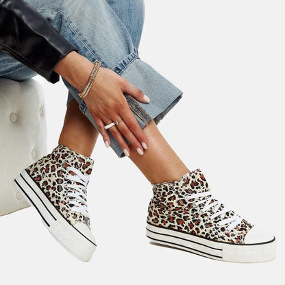 Orange High-top sneakers in leopard print with a thick sole sneakers ~