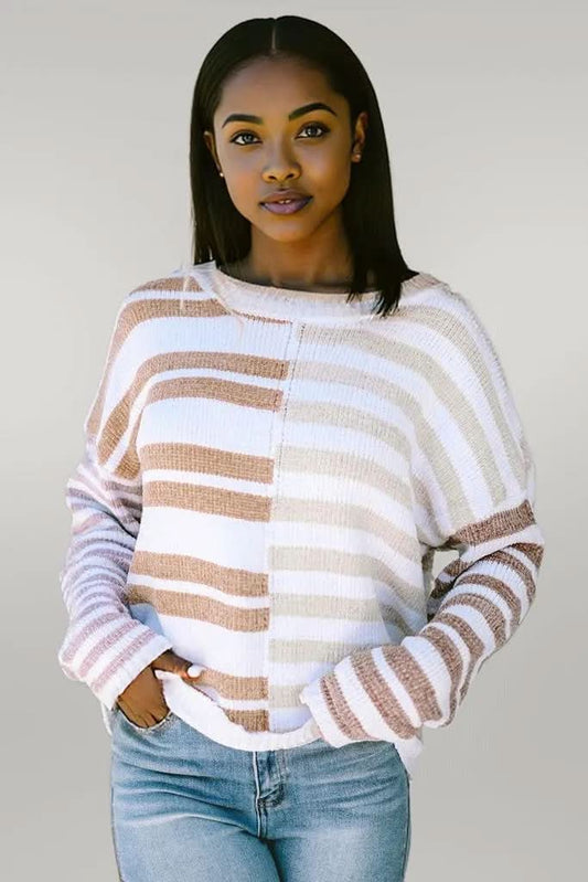 Stripe Blocked Drop Shoulder Slouchy Sweater Stripe 100%Polyester