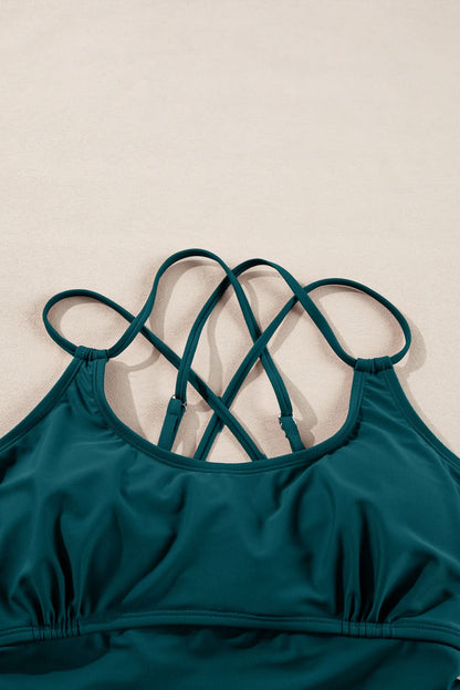 Mineral Red Drawstring Tummy Control Mix-and-match 2pcs Tankini Swimsuit Sea Green 82%Polyamide+18%Elastane