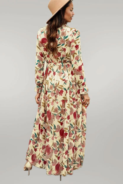 Floral Frill Trim Flounce Sleeve Plunge Maxi Dress Sand