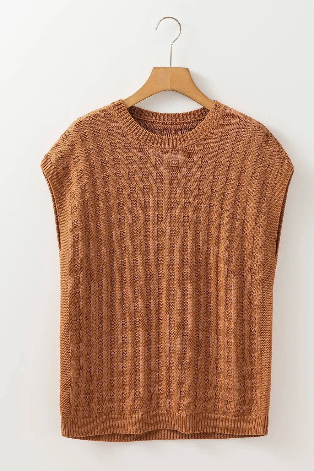Textured Pattern Round Neck Sweater Vest Caramel