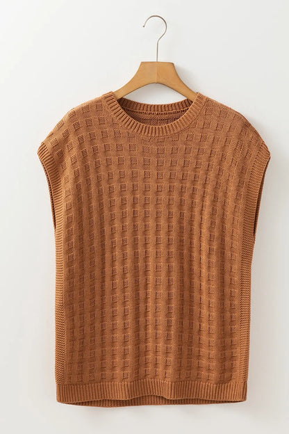 Textured Pattern Round Neck Sweater Vest Caramel