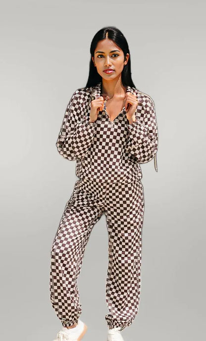 Checkered Drawstring Hoodie and Pants Set Plaid