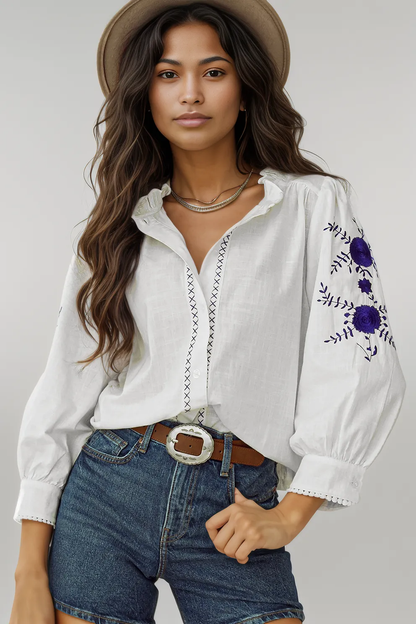 White Floral Embroidered Bracelet Sleeve Shirt White 100%Cotton
