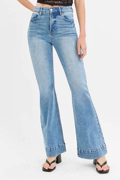 RISEN Full Size Tummy Control Elastic Band High Rise Flare Jeans