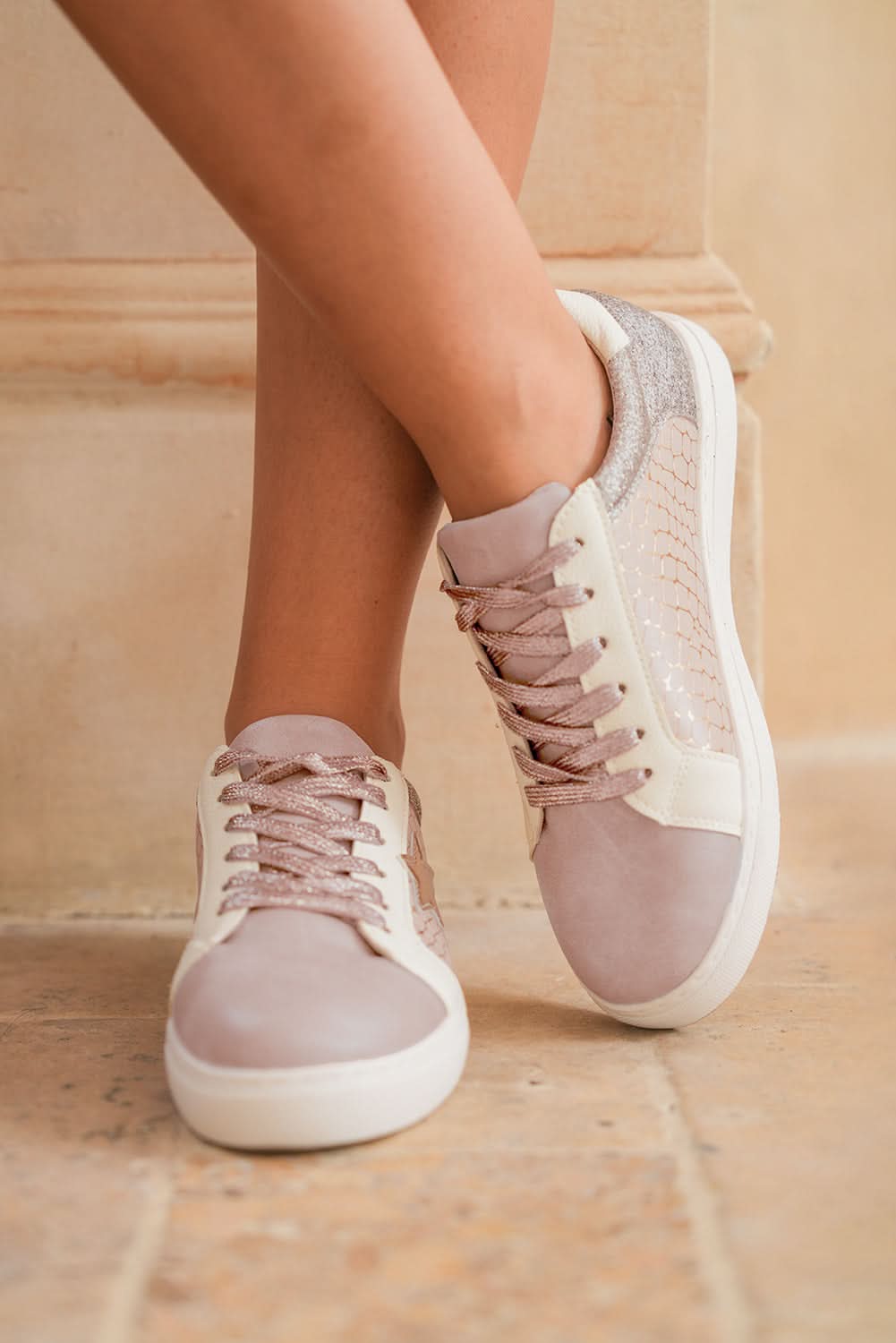 Gold Glitter Star Patchwork PU Leather Lace-up Sneakers Gold 70%PVC+30%PU