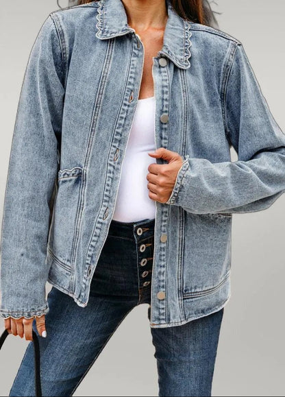 Sail Blue Scallop Trim Collar Patched Pocket Button Up Denim Jacket Myosotis 75%Cotton+25%Polyester
