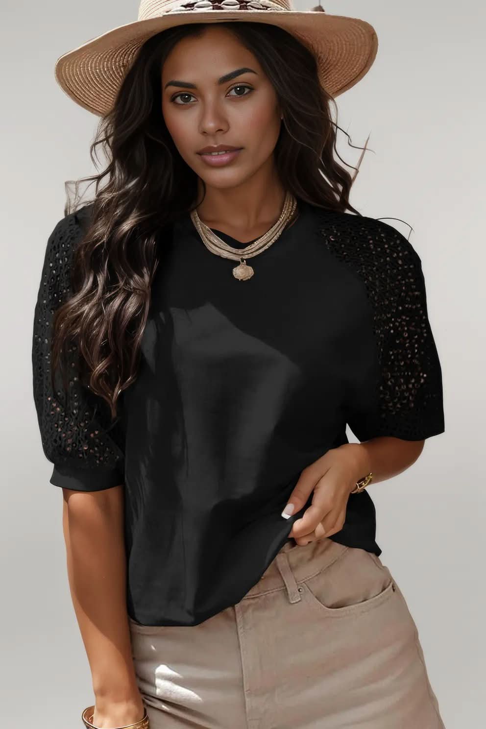 White Pointelle Lace Half Sleeve Crew Neck Tee White 95%Cotton+5%Elastane