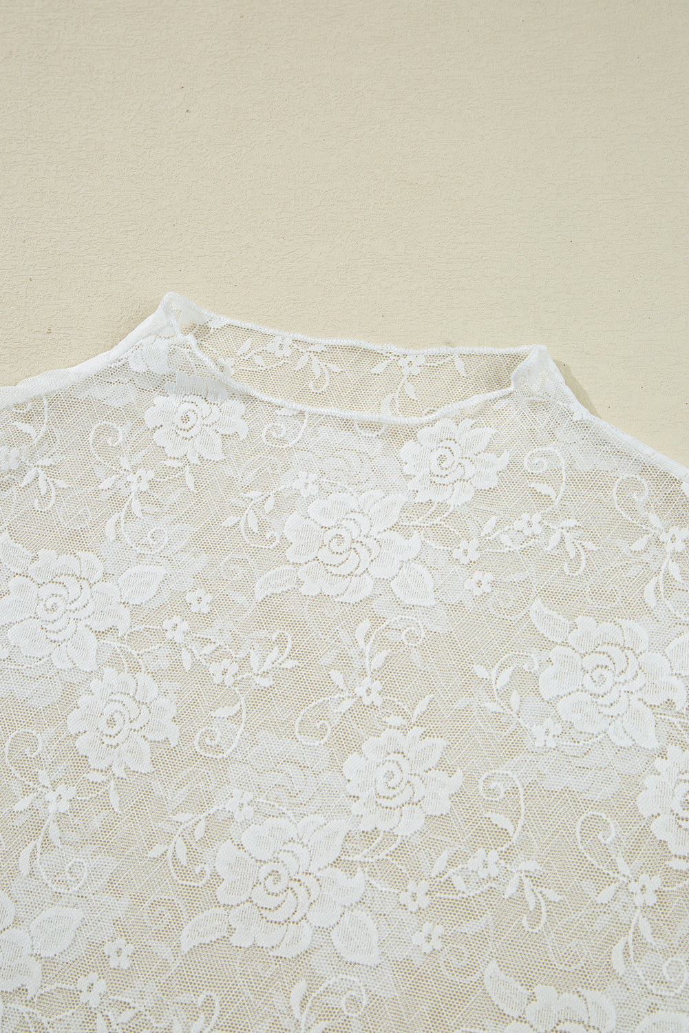 Black Sheer Floral Lace Mesh Mock Neck Long Sleeve Top White 90%Polyamide+10%Elastane
