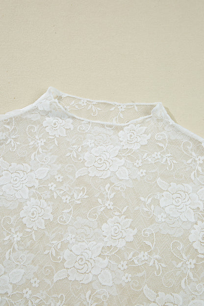 Black Sheer Floral Lace Mesh Mock Neck Long Sleeve Top White 90%Polyamide+10%Elastane