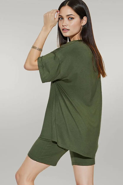 Basic Bae Full Size V-Neck Drop Shoulder T-Shirt and Shorts Set Matcha Green