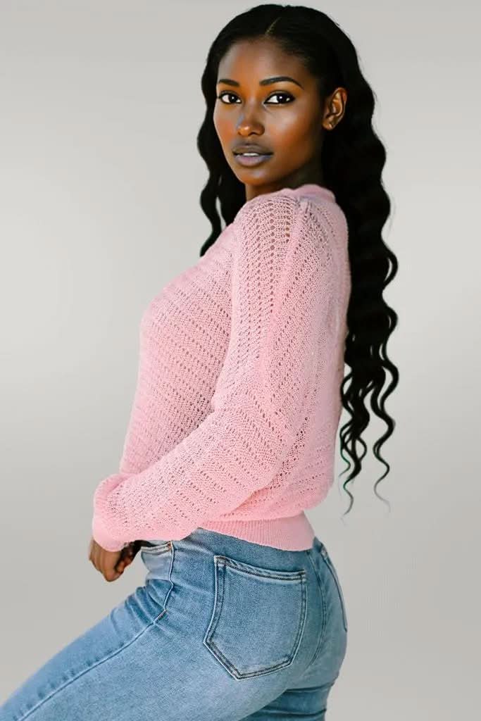 Pink Knitted Eyelets Round Neck Long Sleeve Top Pink 100%Polyester