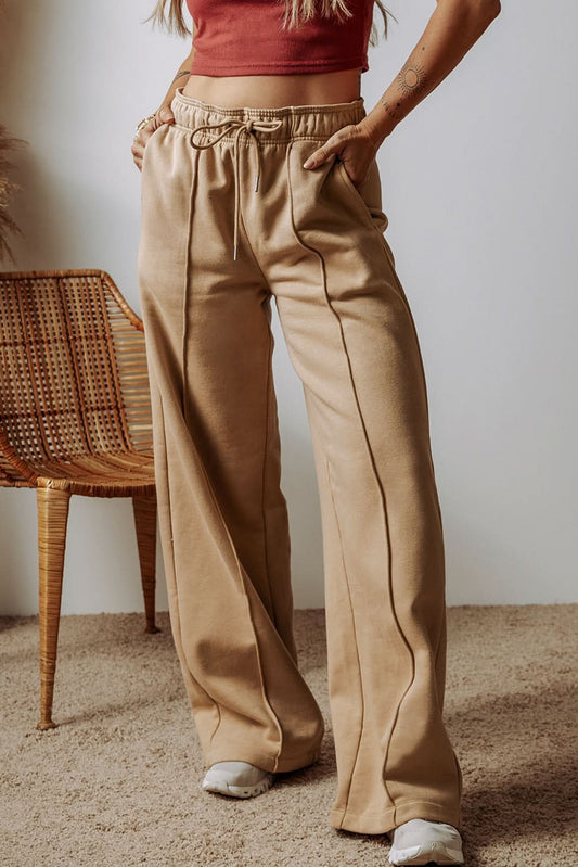 Smoke Gray Exposed Seam Drawstring High Waist Wide Leg Pants Smoke Gray 50%Polyester+50%Cotton