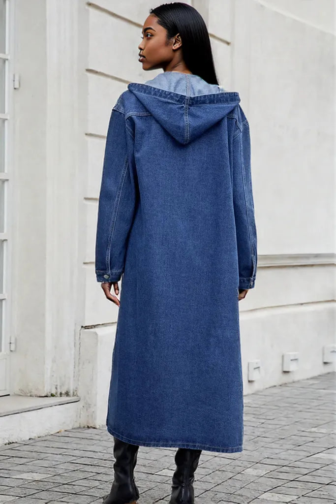 Button Up Long Sleeve Longline Hooded Denim Outerwear