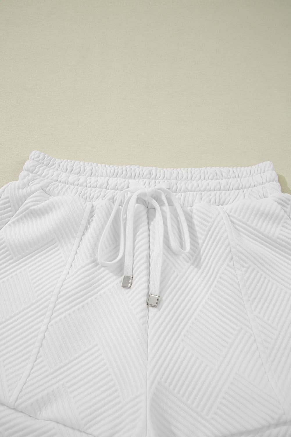 White Textured Half Zip Tank Top Drawstring Shorts Set White 97%Polyester+3%Elastane
