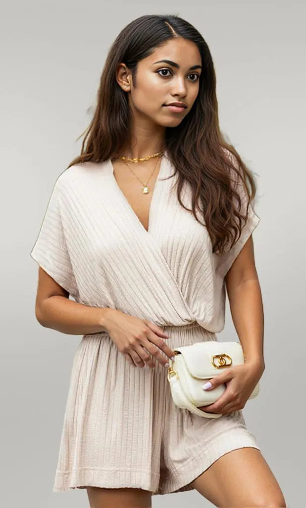 Surplice Short Sleeve Romper Apricot