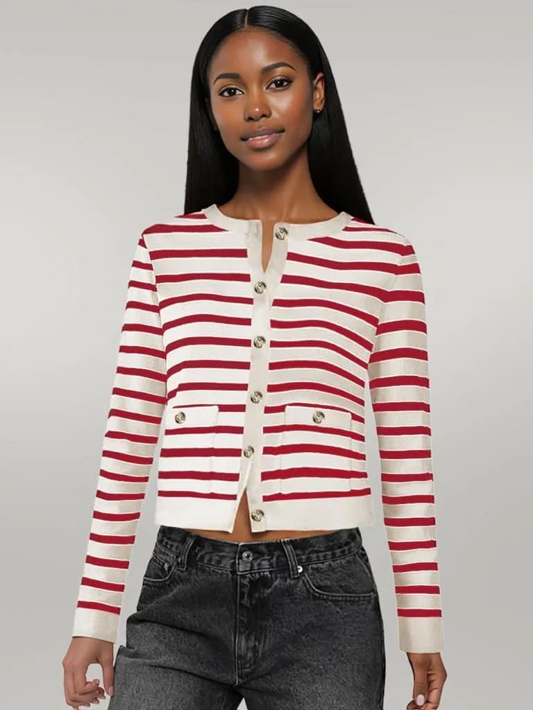 Striped Round Neck Button Up Long Sleeve Cardigan Deep Red