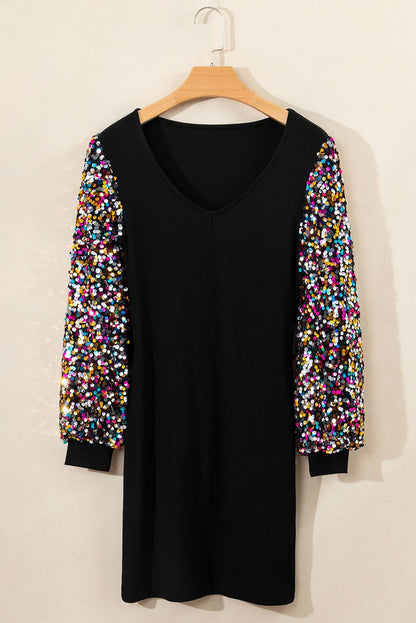 Black Sequin Bishop Sleeve U Neck Mini Sweater Dress Black 93%Viscose+7%Elastane
