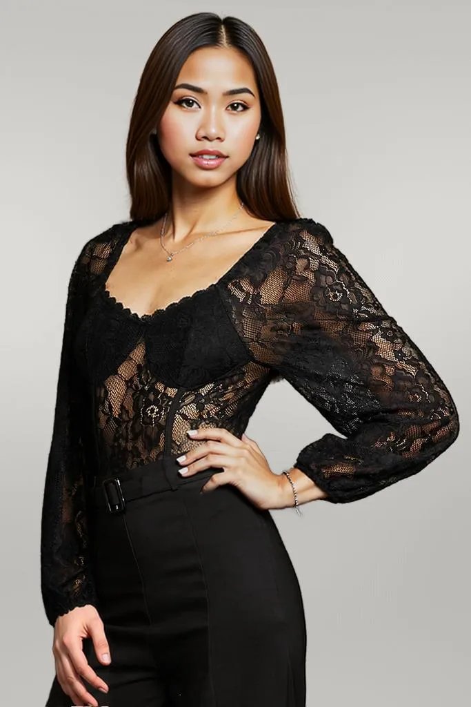 Perfee Lace Long Sleeve Bodysuit Black