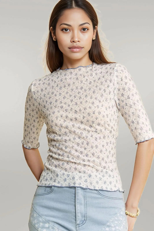 Davi & Dani Lace Stretch Floral Marrow Edge Half Sleeve Top WHITE BLUE MULTI