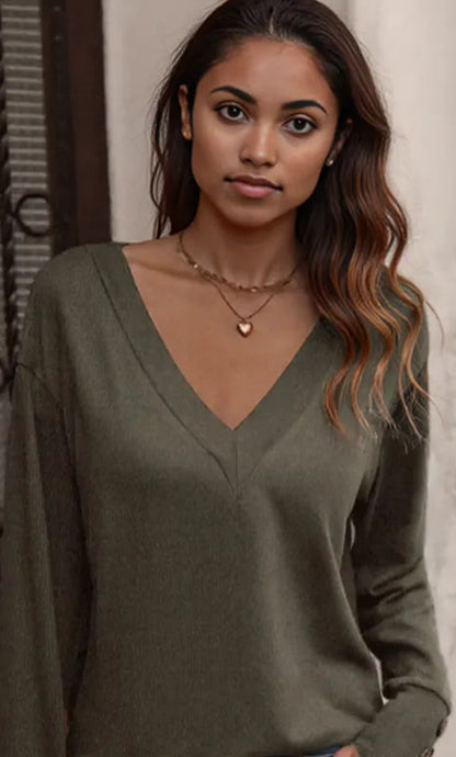 V-Neck Long Sleeve T-Shirt Military Green