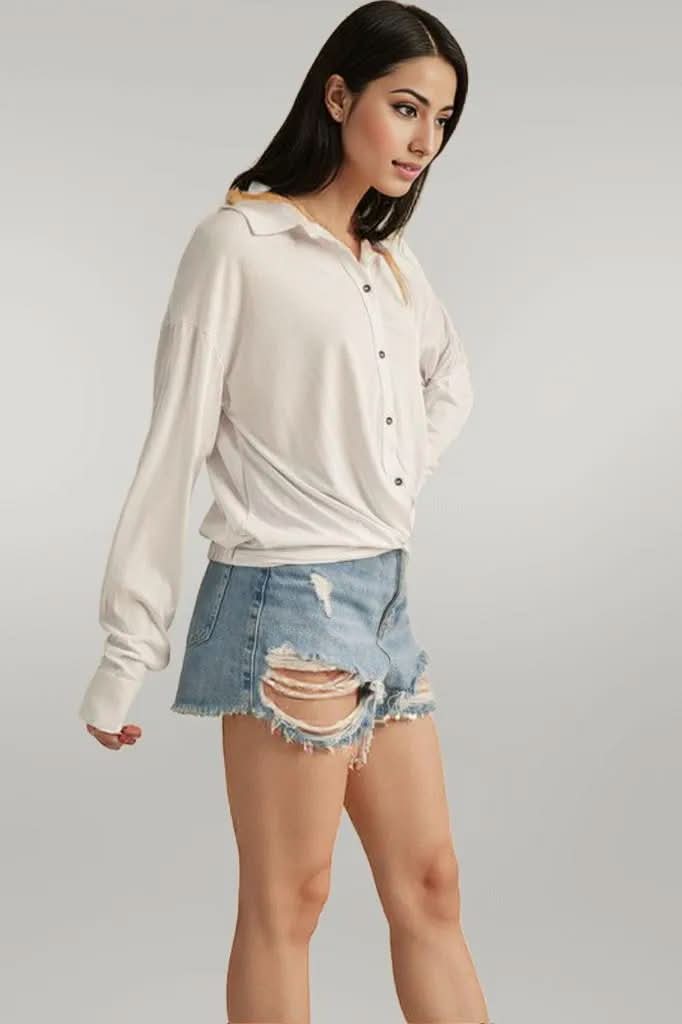 Aemi + Co Twisted Hemline Button Detail Collared Neck Top White