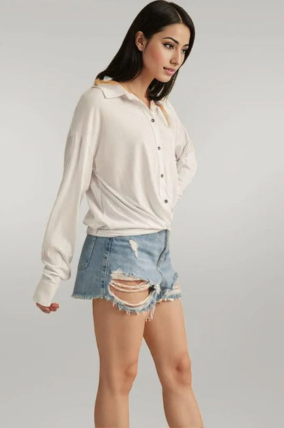 Aemi + Co Twisted Hemline Button Detail Collared Neck Top White