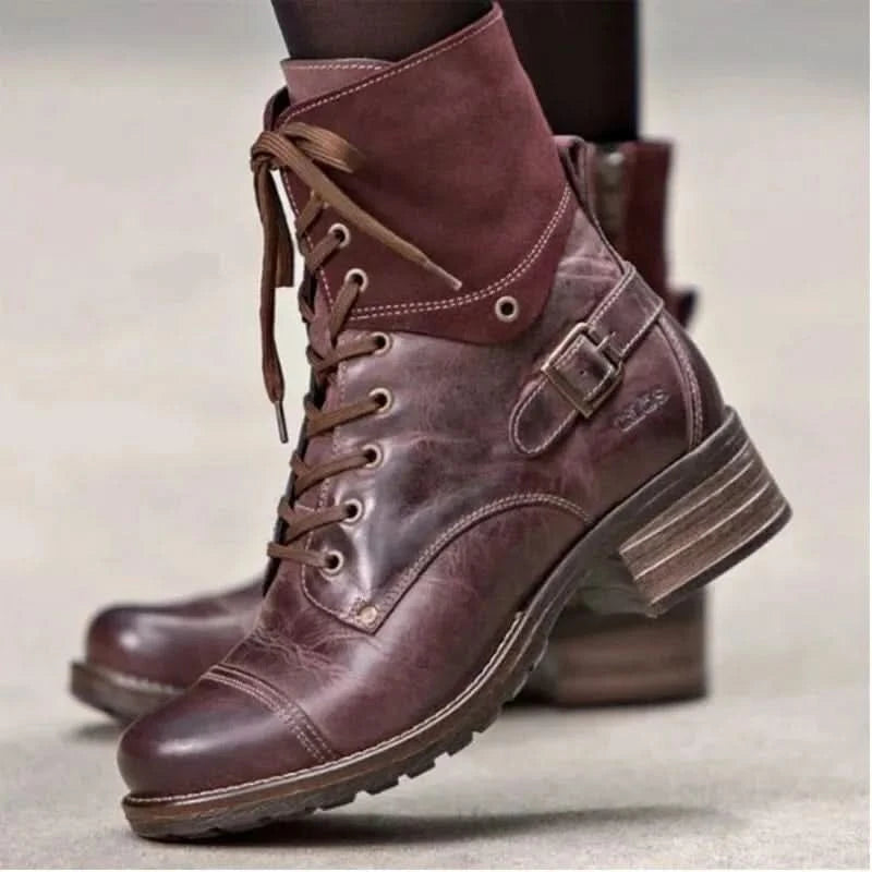 Lace-Up Block Heel Boots Burgundy