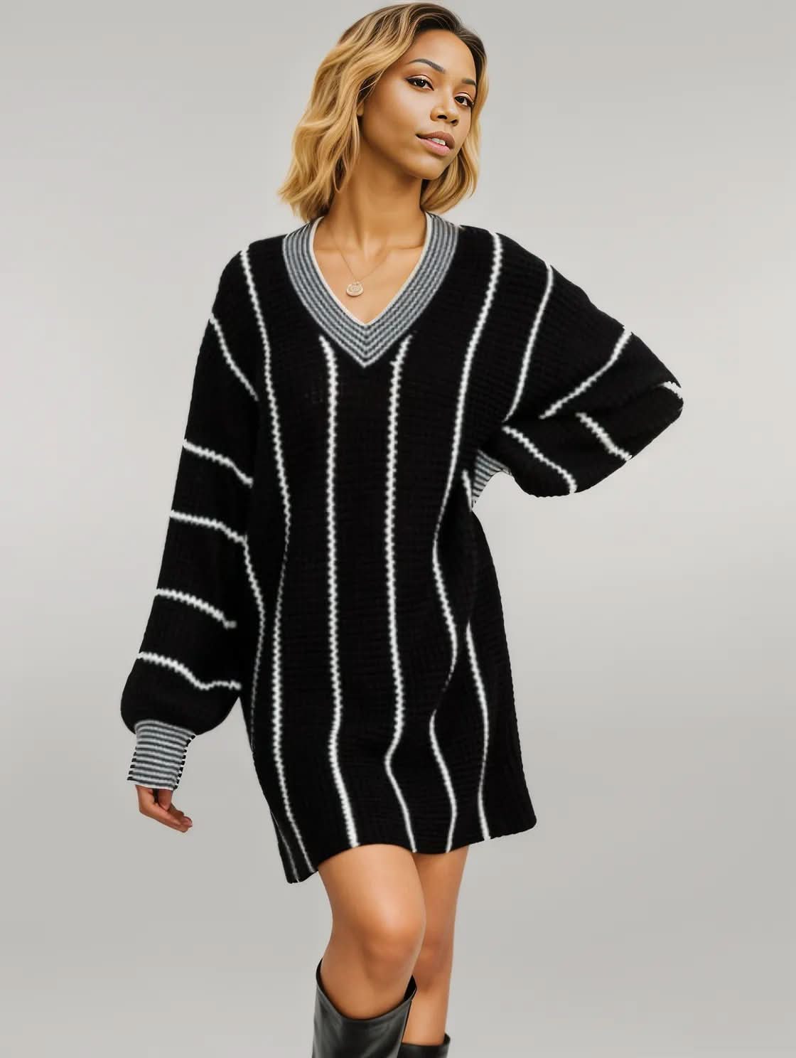 Striped V-Neck Long Sleeve Mini Dress