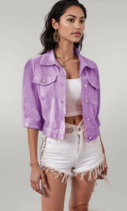 Full Size Cropped Denim Jacket Lavender