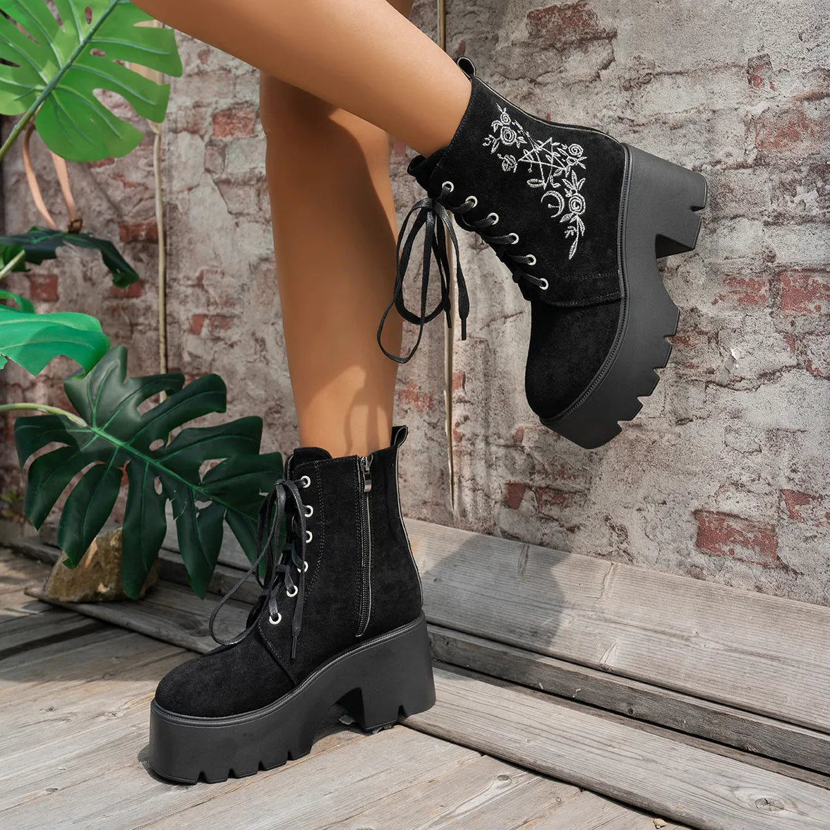 Floral Embroidered Platform Combat Boots Black