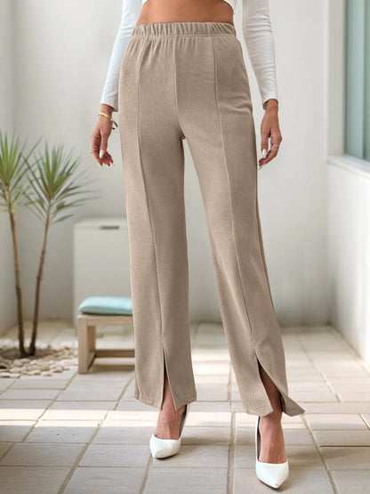 High-Waisted Slit Pants Khaki