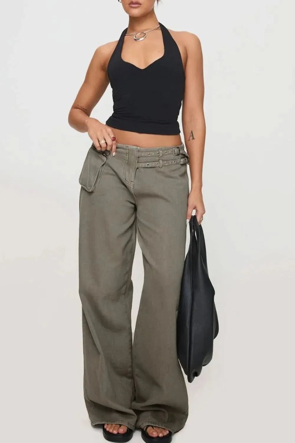 Wide Leg Jeans with Pockets Dark Gray