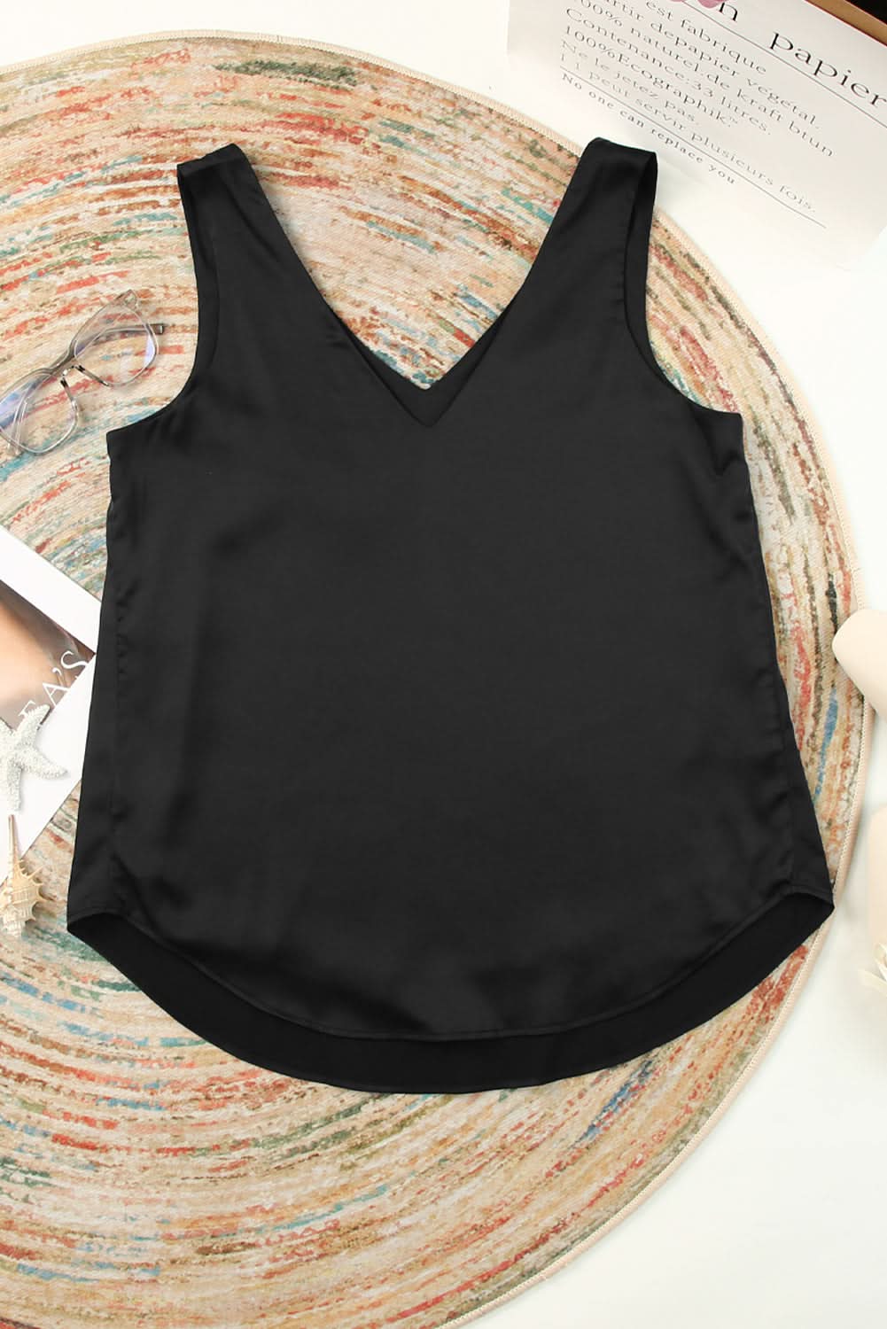 Black Deep V Neck Loose Tank Top Black 100%Polyester
