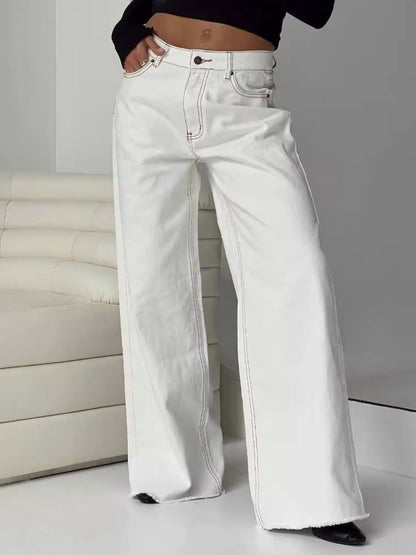 Wide Leg Drizzle Jeans with Pockets - High-Waisted Denim for Everyday Wear White