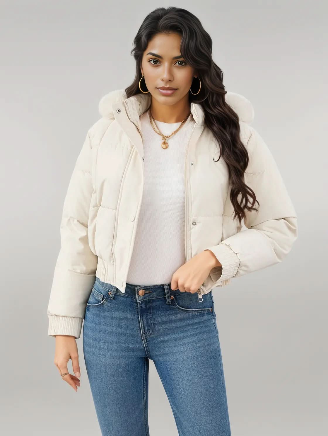 Pocketed Long Sleeve Cropped Hooded Winter Coat White