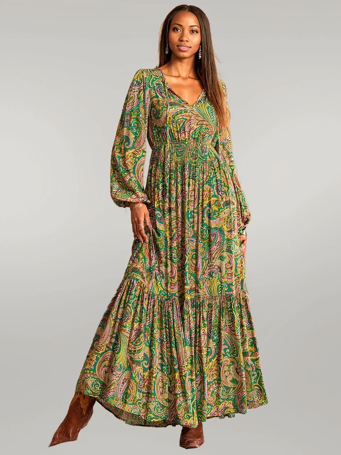 Printed Tie Neck Long Sleeve Dress